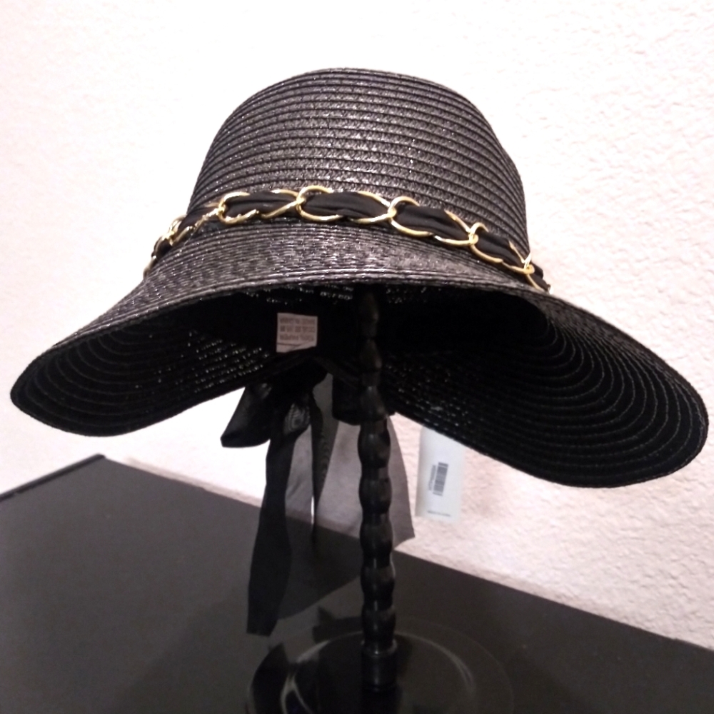 Classy Black Hat With Gold Chain and Scarf Tie in Back